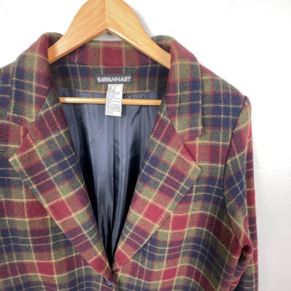 Vintage Savannah Wool Blazer Sz 14 Plaid Academia Old Money Jacket Tweed 80s 90s